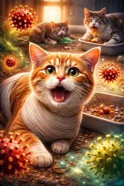 Imagen impactante mostrando a un gato enfermo rodeado de virus, destacando los peligros de 
                       no vacunar a tu gato contra enfermedades graves como la rabia, el calicivirus y 
                       panleucopenia felina.