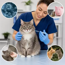 Imagen que ilustra los beneficios de la vacuna trivalente felina, mostrando un gato saludable 
                       y protegido contra enfermedades como panleucopenia, rinotraqueitis y calicivirus. La imagen 
                       destaca cómo la vacuna previene enfermedades graves, mejora la calidad de vida del gato y 
                       fortalece su sistema inmunológico, promoviendo la salud general de tu mascota.
