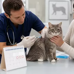 Imagen que muestra a un veterinario y un gato mientras se realiza la vacunación trivalente felina, 
                       con un calendario que indica las fechas recomendadas para la vacuna. La imagen resalta la 
                       importancia de la vacuna trivalente felina, explicando su obligatoriedad según las regulaciones 
                       locales y la necesidad de mantener el calendario de vacunación al día.