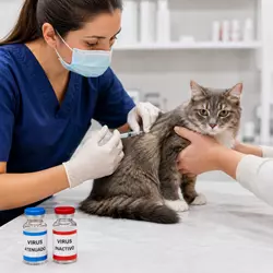 Imagen que muestra a un gato siendo atendido por un veterinario mientras recibe la vacuna trivalente 
                          felina. La imagen resalta la importancia de la vacuna para prevenir enfermedades graves como 
                          panleucopenia, rinotraqueitis y calicivirus. Se destacan las diferentes formulaciones y el proceso 
                          de inmunización.