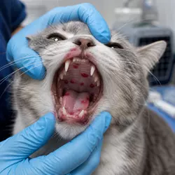 Imagen de un gato con síntomas de enfermedad, rodeado de virus y medicamentos. La imagen resalta la 
                          importancia de la vacuna trivalente felina para prevenir el calicivirus felino, una de las enfermedades 
                          respiratorias y bucales más comunes y graves en gatos.