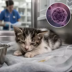 Imagen de un gato enfermo con fiebre, rodeado de virus, medicamentos y jeringas. La imagen ilustra la 
                       importancia de la vacuna trivalente felina para prevenir enfermedades graves como la panleucopenia felina, 
                       calicivirus y rinotraqueitis, protegiendo la salud de tu gato.