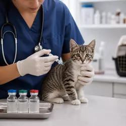Imagen que ilustra la vacuna trivalente felina: un gato recibiendo la vacuna, junto a 
                       representaciones visuales de las enfermedades que previene (panleucopenia, rinotraqueitis y 
                       calicivirus). Incluye jeringas, viales y calendario, destacando la importancia de la vacunación 
                       en gatos para evitar enfermedades graves.