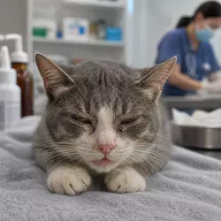 Imagen de un gato con fiebre y síntomas de resfriado, rodeado de virus. La imagen destaca la importancia de la 
                       vacuna trivalente felina para prevenir enfermedades graves como la Rinotraqueítis viral felina (herpesvirus), 
                       una de las principales causas de infecciones respiratorias en gatos.