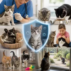 Imagen que muestra a varios gatos siendo atendidos y alimentados, destacando la importancia de la 
                       vacuna trivalente felina en su salud. La imagen incluye gatos recibiendo atención veterinaria y 
                       alimentos, enfatizando cómo esta vacuna previene enfermedades graves como panleucopenia, 
                       rinotraqueitis y calicivirus.
