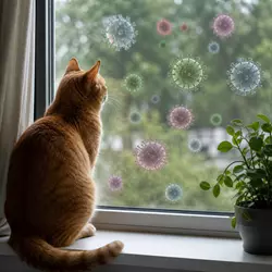 Imagen de un gato de interior observando el entorno, rodeado de virus. La imagen destaca la 
                          importancia de vacunar a los gatos que no salen de casa, ya que aunque el riesgo es bajo, pueden estar 
                          expuestos a enfermedades si entran en contacto accidental con personas u otros animales.