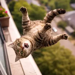 Gato cayendo desde una altura, un accidente que podría causar lesiones graves. La 
                             imagen resalta la importancia de prevenir caídas en gatos, especialmente en 
                             balcones o ventanas altas. Es esencial asegurar el hogar para evitar accidentes 
                             que puedan poner en riesgo la salud de tu felino.