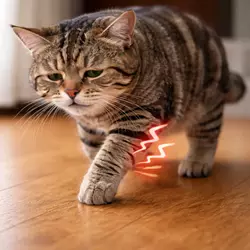 Gato cojo mostrando signos de dolor en la pata, con un indicador 
                             visual de incomodidad en su cuerpo. La imagen ilustra cómo un gato 
                             puede presentar cojera debido a lesiones, esguinces o fracturas. Es 
                             crucial observar cambios en su comportamiento y llevarlo al 
                             veterinario para un tratamiento adecuado y aliviar su dolor.