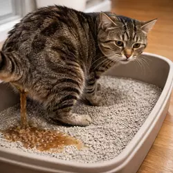 Gato con diarrea en su caja de arena, lo que puede ser señal de problemas 
                             digestivos, infecciones o intolerancia alimentaria. Esta imagen destaca la 
                             importancia de consultar al veterinario si los síntomas persisten para evitar 
                             complicaciones de salud en los felinos. La diarrea en gatos es común pero debe ser 
                             atendida adecuadamente para garantizar su bienestar.