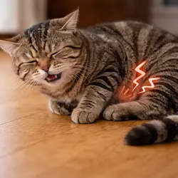 Gato con signos de dolor, mostrando incomodidad y malestar en su 
                             abdomen, acompañado de un indicador visual de dolor en su cuerpo. La 
                             imagen destaca cómo los gatos pueden experimentar dolor físico debido a 
                             lesiones, enfermedades o malestares internos. Es importante observar 
                             cambios en el comportamiento y llevar al gato al veterinario para un 
                             diagnóstico y tratamiento adecuado.