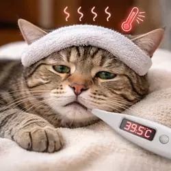 Gato con fiebre mostrando signos de malestar, acompañado de un termómetro marcando 
                             39.5°C. Esta imagen destaca la importancia de identificar los síntomas de fiebre en 
                             gatos, que puede ser indicativo de infecciones, enfermedades virales o bacterianas. 
                             Es fundamental llevar al gato al veterinario si presenta fiebre para un diagnóstico 
                             adecuado y tratamiento oportuno.