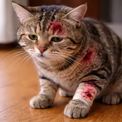 Gato con heridas sangrantes visibles en su cabeza y patas, posiblemente causadas por 
                             peleas o accidentes. La imagen destaca la importancia de llevar a tu gato al 
                             veterinario para tratar heridas y prevenir infecciones. Si tu gato tiene lesiones, 
                             es crucial actuar rápidamente y asegurar su bienestar con un tratamiento adecuado.