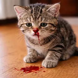 Gato con sangre en la nariz, posiblemente debido a una lesión o sangrado nasal. 
                             La imagen subraya la importancia de buscar atención veterinaria inmediata para 
                             tratar cualquier problema de salud en tu felino. Si tu gato presenta sangrado, es 
                             fundamental actuar con rapidez para evitar complicaciones y asegurar su 
                             bienestar.