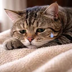 Gato triste y acostado en su cama, mostrando signos de depresión con una 
                             lágrima en su rostro. Esta imagen resalta la importancia de identificar los 
                             síntomas de la depresión felina, como la falta de apetito, letargo y 
                             aislamiento. Si tu gato muestra estos síntomas, es vital buscar atención 
                             veterinaria para abordar posibles causas médicas o emocionales y mejorar 
                             su bienestar.