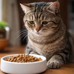 Gato mirando su tazón de comida sin interés, lo que puede indicar 
                             falta de apetito. Esta imagen resalta la importancia de prestar 
                             atención a cambios en el comportamiento alimenticio de los felinos, 
                             como pérdida de hambre o inapetencia, que podrían ser signos de 
                             problemas de salud.