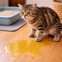 Gato orinando fuera del arenero, un comportamiento que puede indicar problemas de 
                             salud o estrés en felinos. Esta imagen subraya la importancia de revisar la salud 
                             urinaria de tu gato, ya que la incontinencia o cambios en su comportamiento pueden 
                             ser síntomas de infecciones urinarias o problemas emocionales.