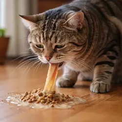 Gato vomitando después de comer, lo que podría ser un signo de problemas 
                             digestivos o una reacción a ciertos alimentos. Esta imagen subraya la 
                             importancia de observar los hábitos alimenticios de los felinos, ya que el 
                             vómito frecuente puede indicar afecciones como intolerancia alimentaria, 
                             infecciones o trastornos estomacales.