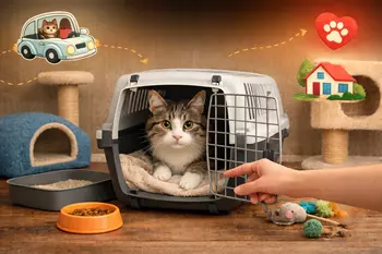 Gato recién adoptado dentro de un transportín 
               durante su traslado del refugio a su nuevo hogar, rodeado de accesorios básicos para 
               su adaptación.